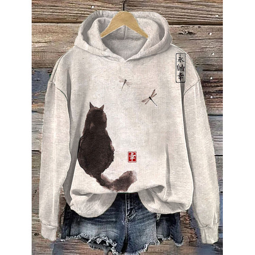 Ink Painting Black Cat Japanese Art Print Retro Hooded Sweatshirt