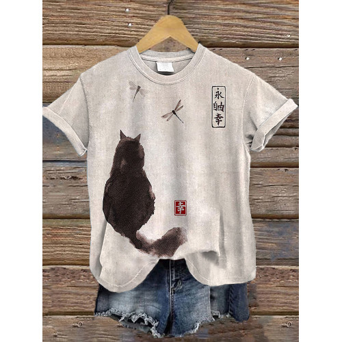 Ink Painting Black Cat Japanese Art Print T-Shirt