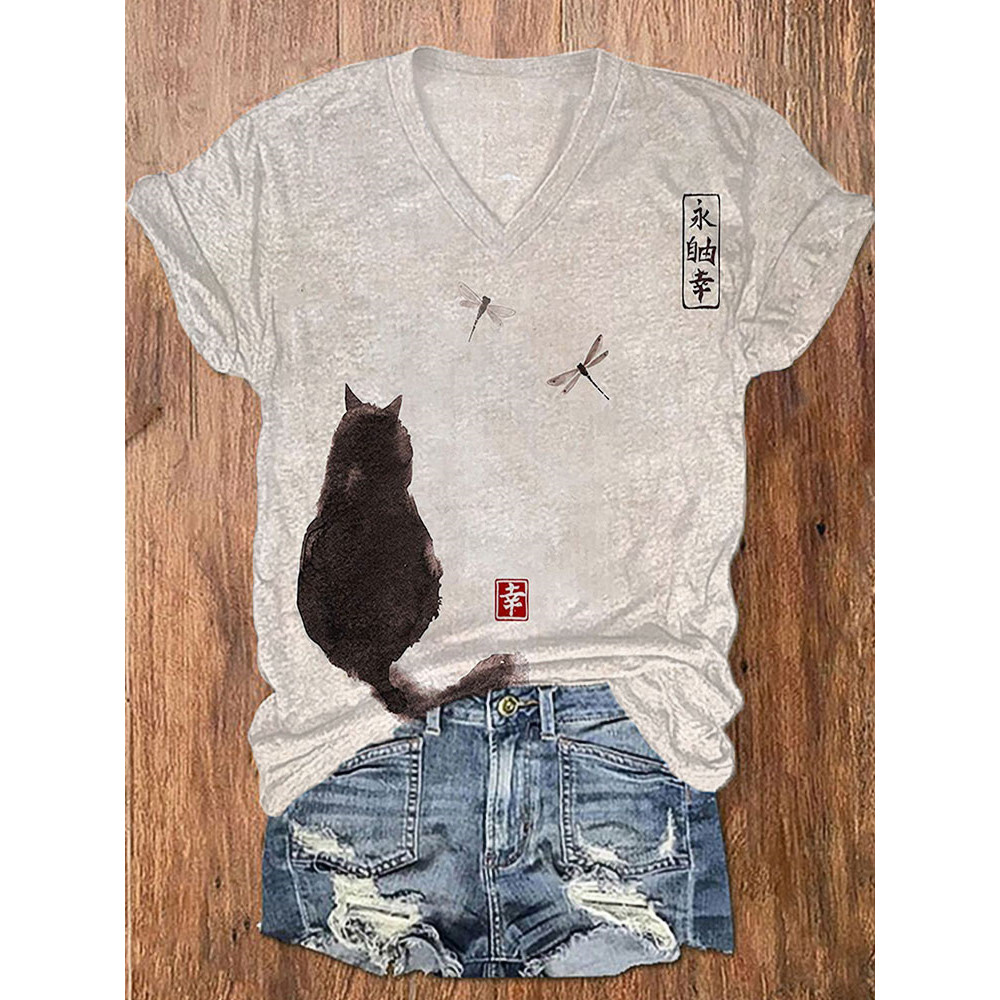 Ink Painting Black Cat Japanese Art Print Vintage V-neck T-shirt