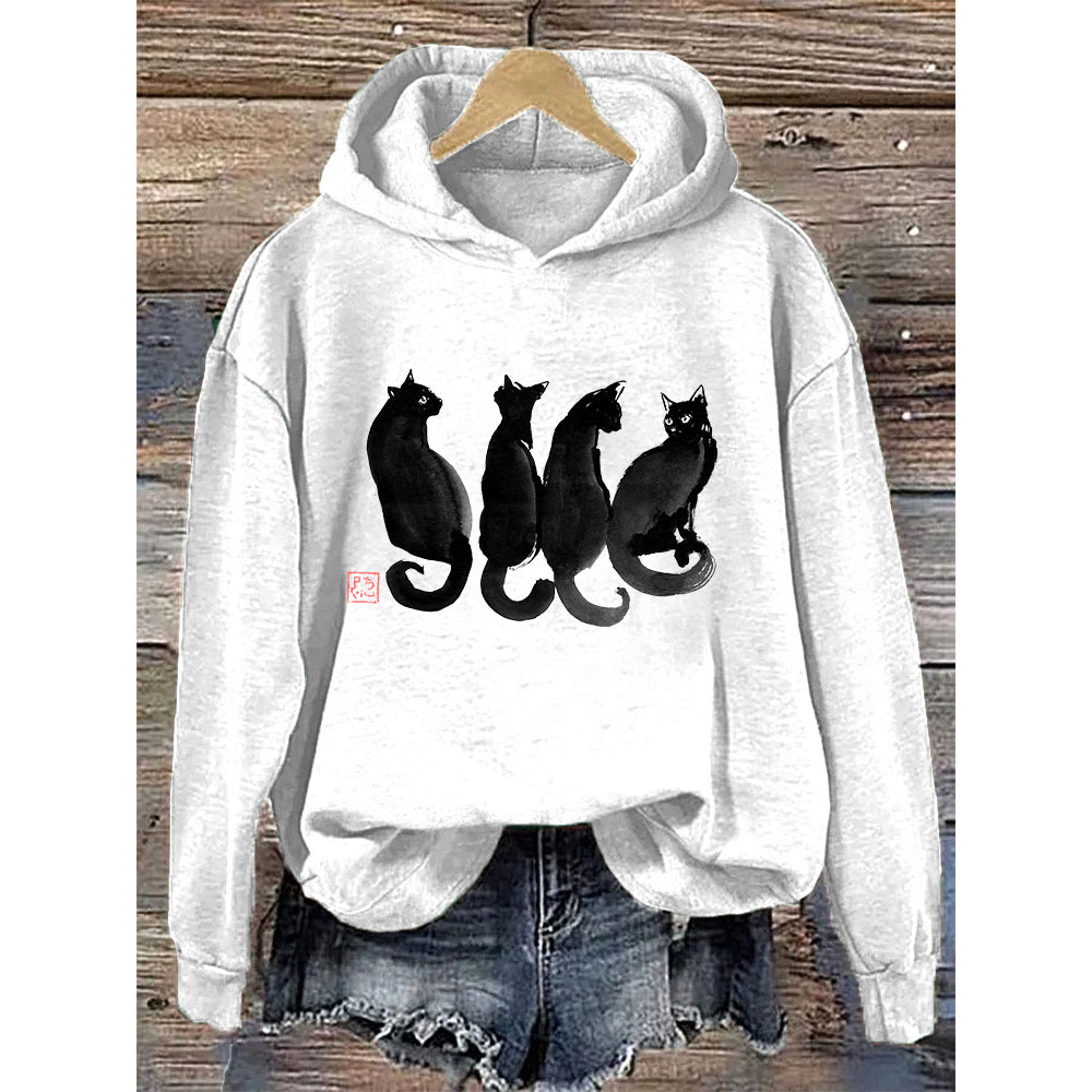 Ink Painting Black Cats Printed Sweatshirt