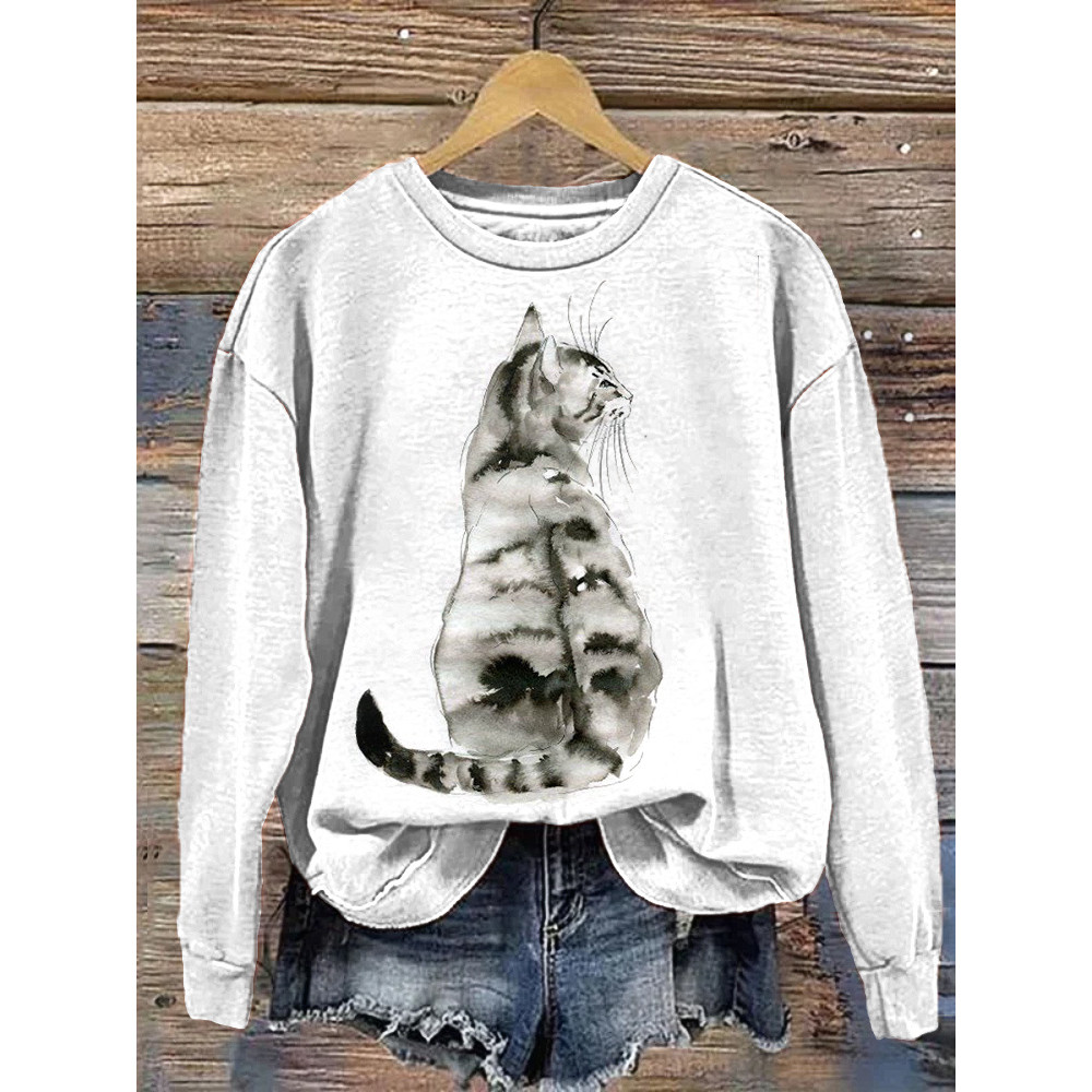 Ink Painting Cat Print Vintage Casual Cozy Sweatshirt