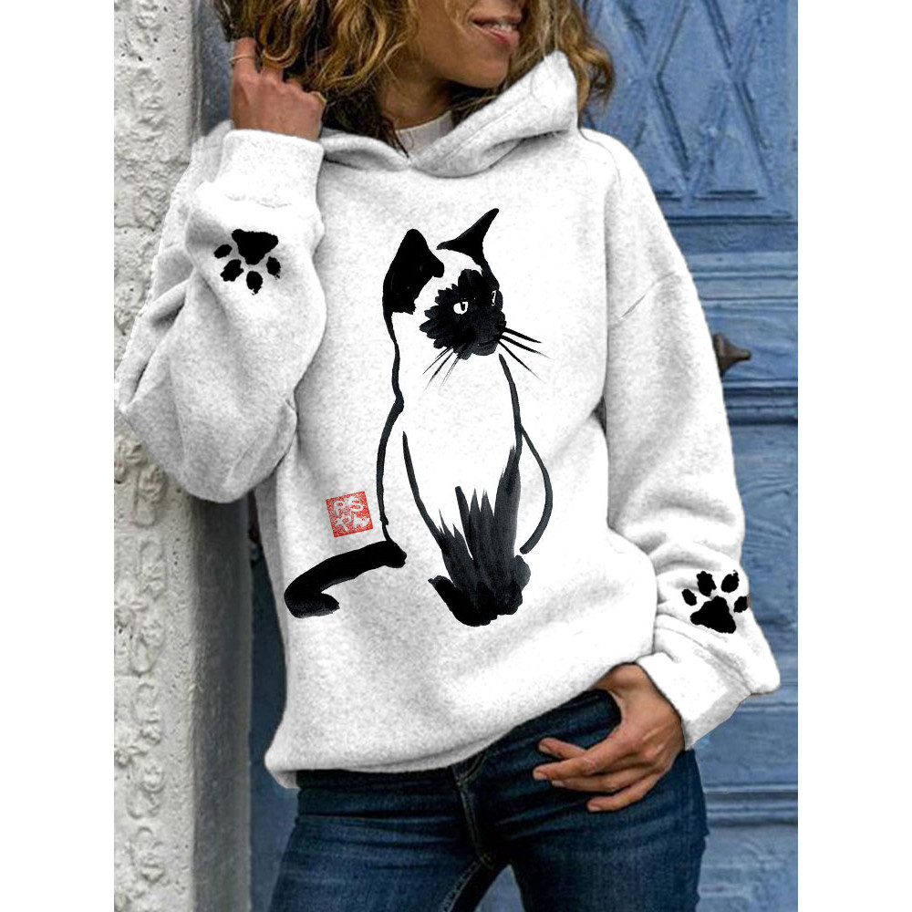 Ink Painting Cat Printed Hooded Sweatshirt