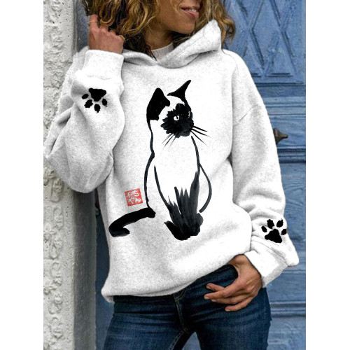 Ink Painting Cat Printed Hooded Sweatshirt