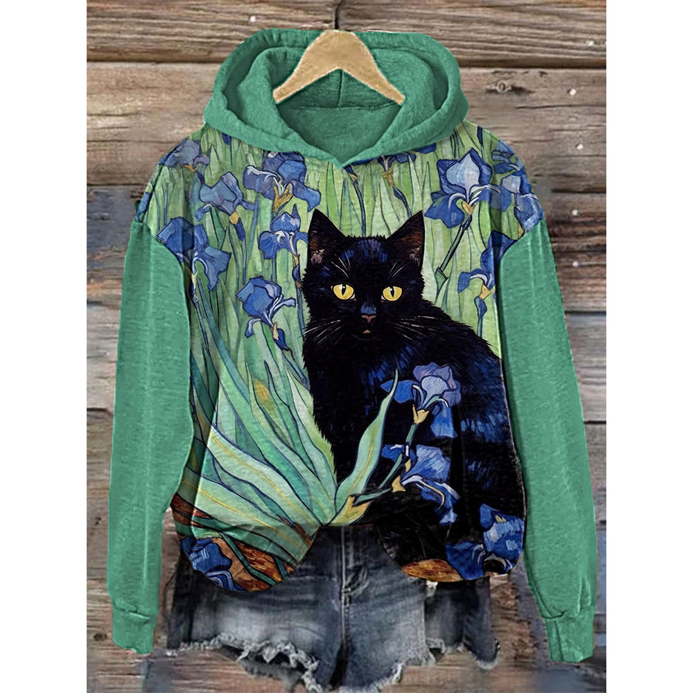 Irises Funny Cat Print Cotton Cozy Hoodie