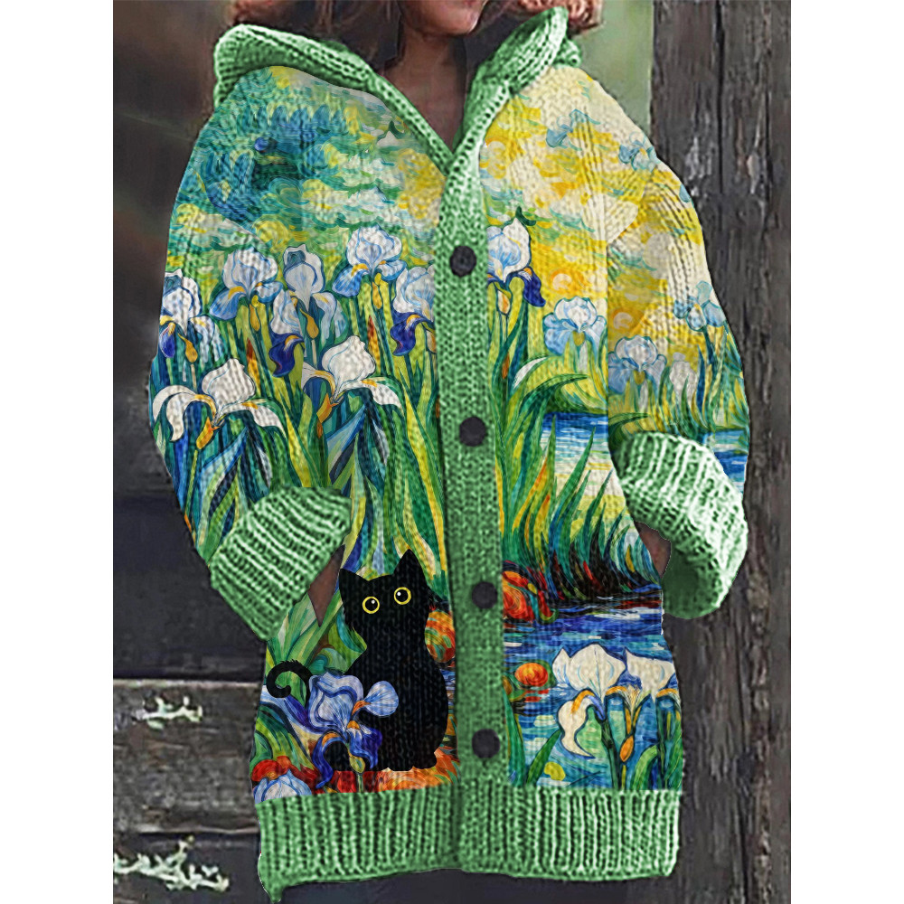Irises & Black Cat Art Painting Cozy Knit Hooded Cardigan