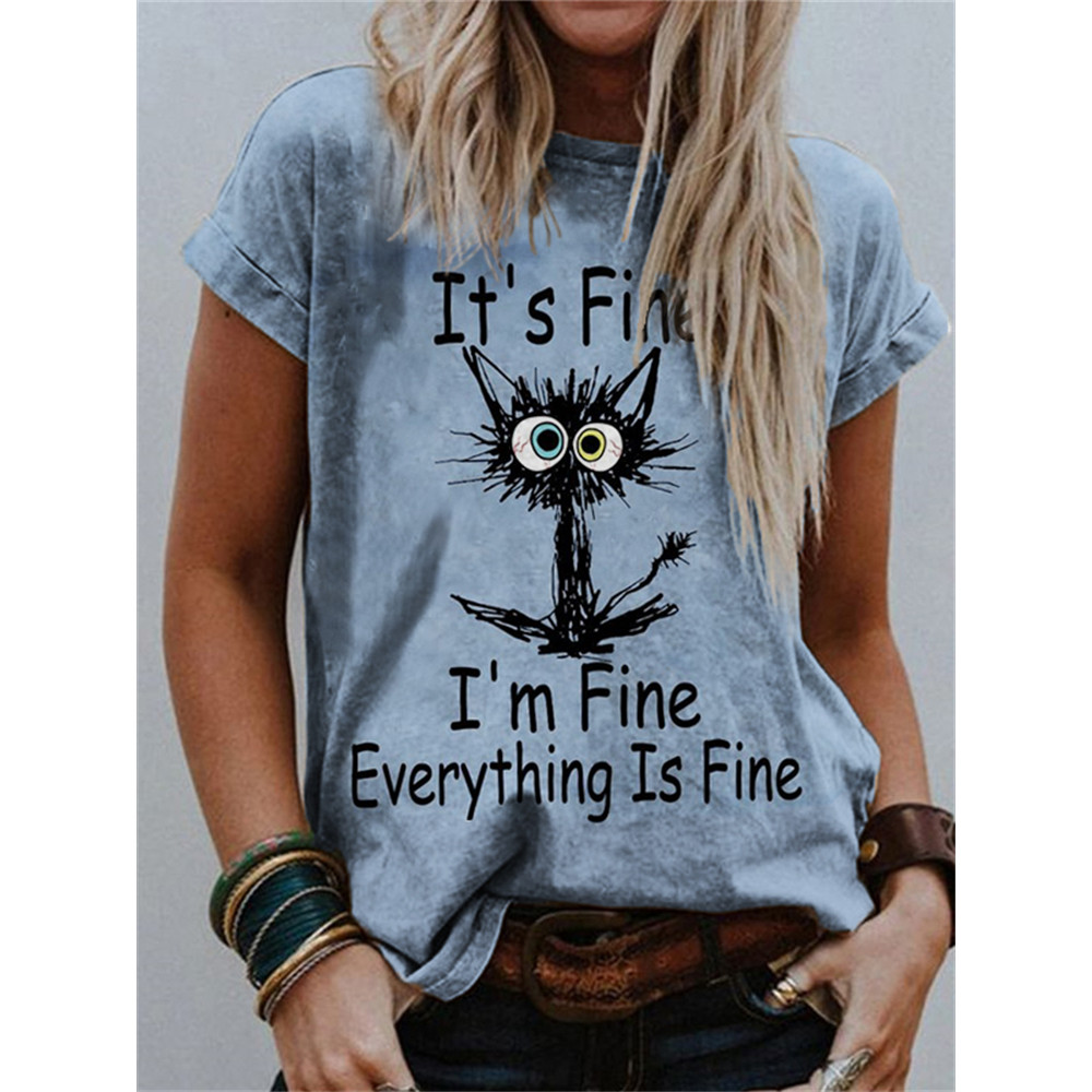 It's Fine Messy Cat Print Crew Neck Casual T Shirt