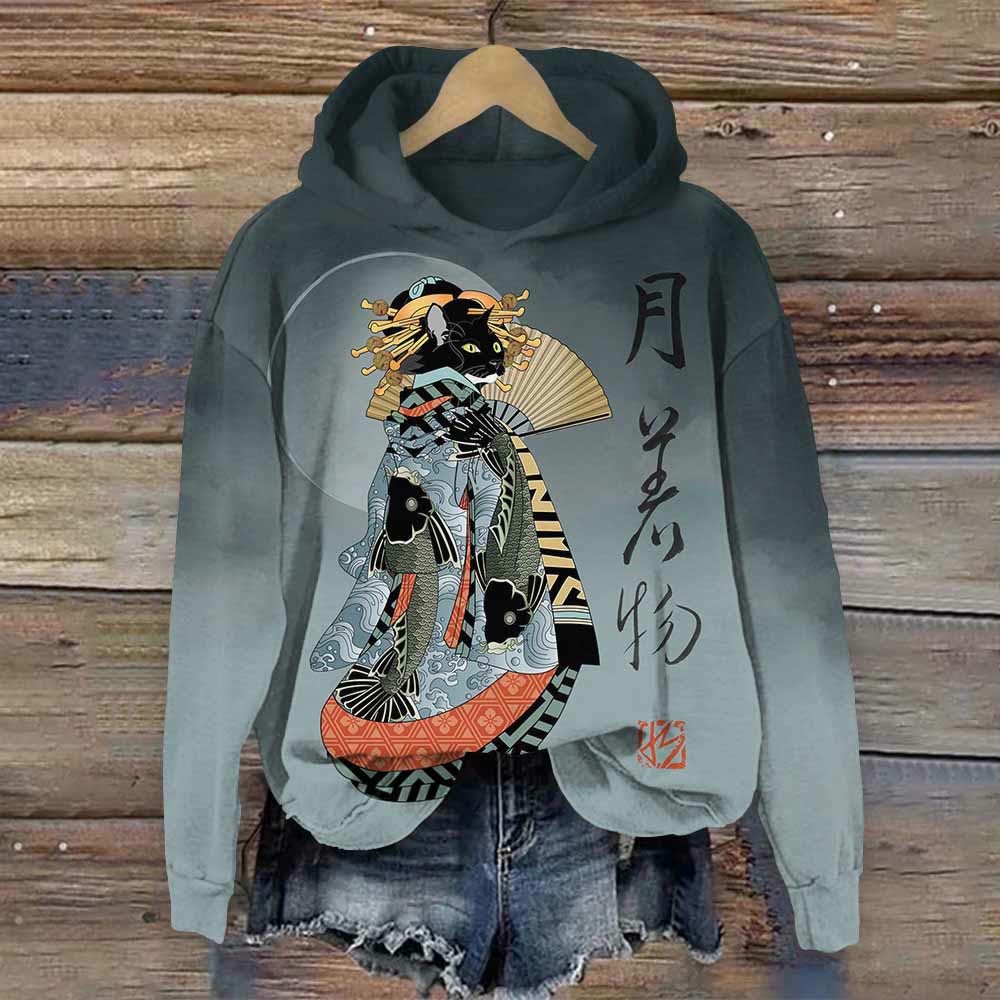 Japanese Ancient Geisha Kimono Black Cat Print Hoodie