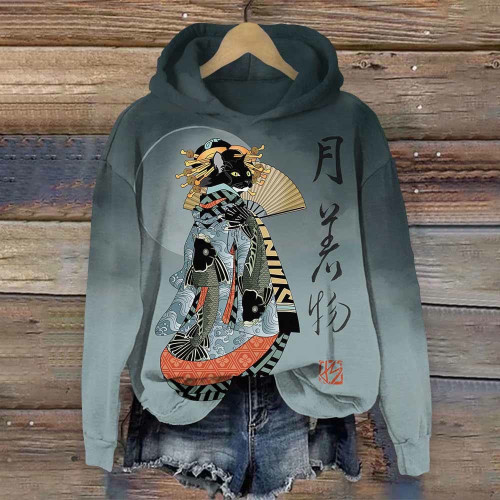 Japanese Ancient Geisha Kimono Black Cat Print Hoodie