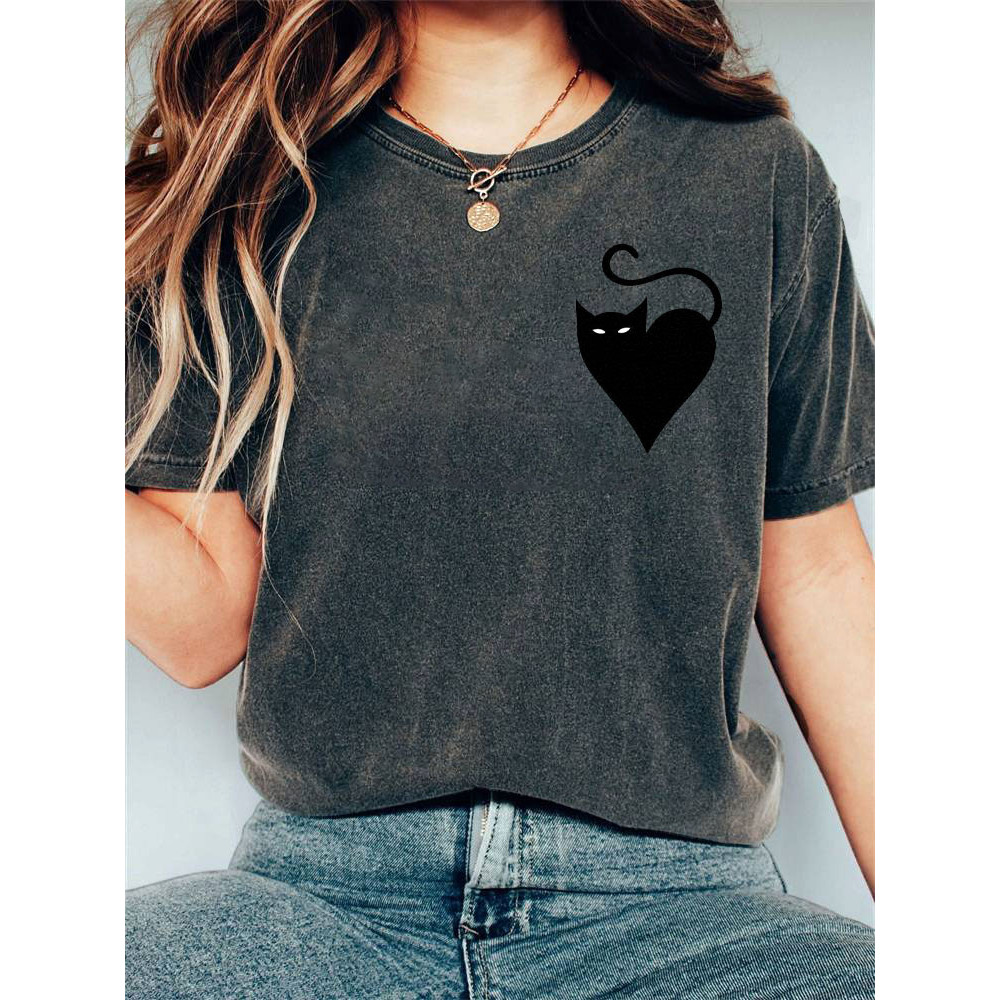 Japanese Art Black Cat Print Cotton Blend T-shirt