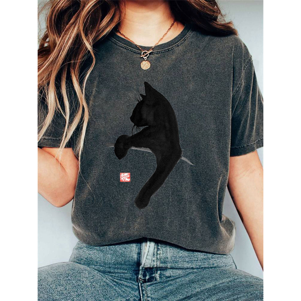 Japanese Art Black Cat Print Cotton Blend T-shirt