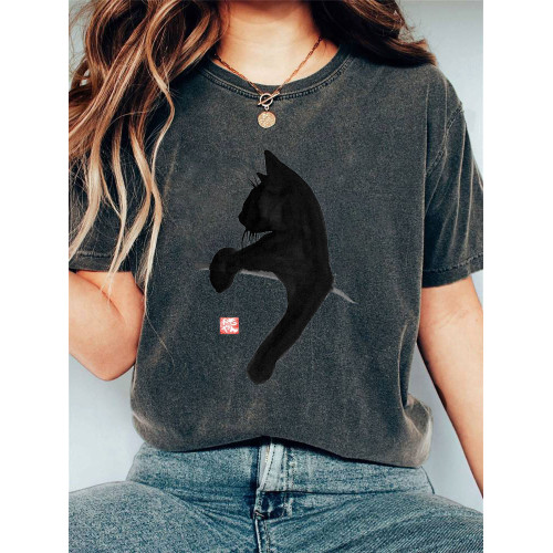 Japanese Art Black Cat Print Cotton Blend T-shirt