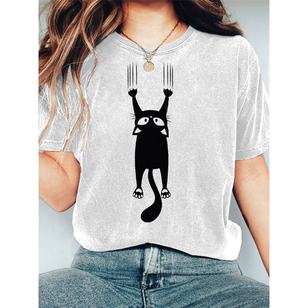 Japanese Art Black Cat Print Cotton Blend T-shirt