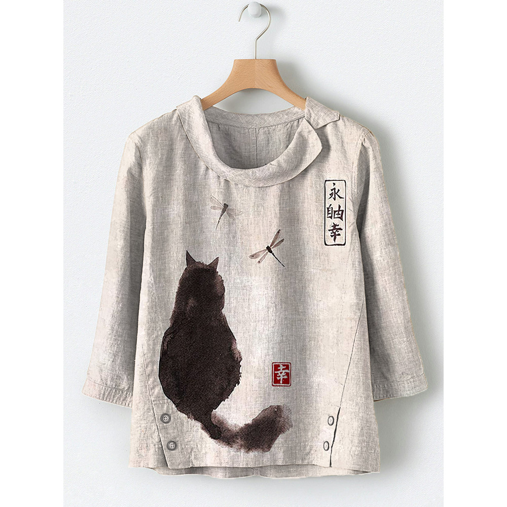 Japanese Art Black Cat Print Linen Blend Shirt