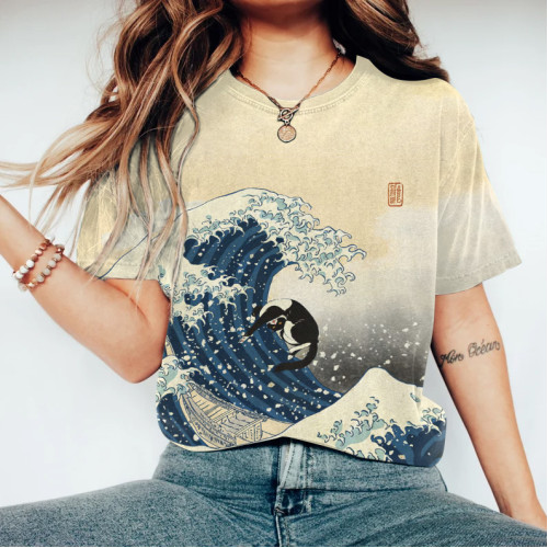 Japanese Art Casual Cat Waves Print Crew Neck T-Shirt