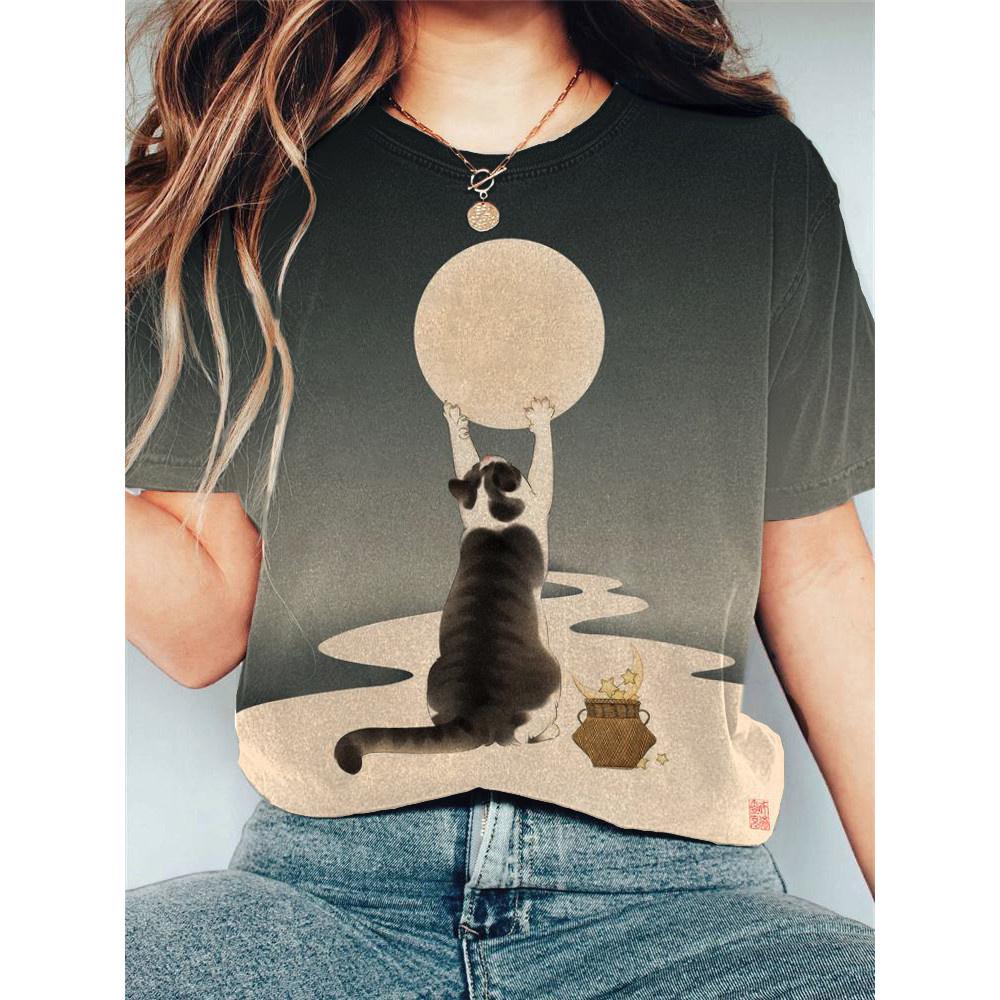 Japanese Art Cat And Moon Print Cotton Blend T-Shirt