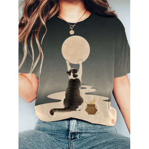 Japanese Art Cat And Moon Print Cotton Blend T-Shirt