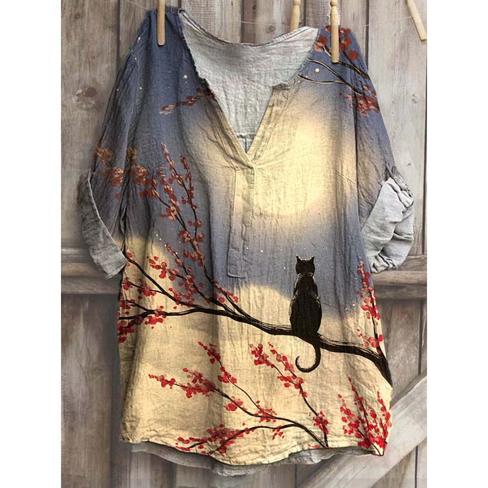 Japanese Art Cat And Moon Print Cotton Blend T-Shirt