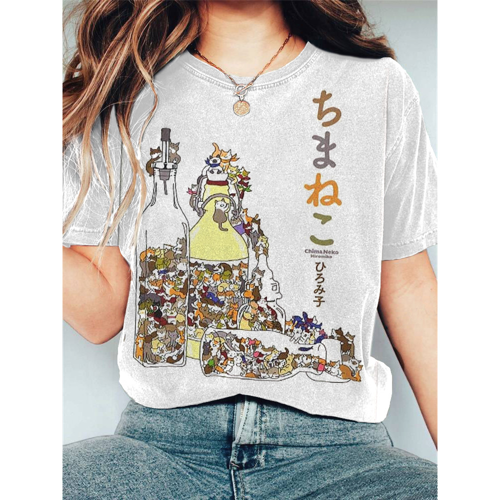 Japanese Art Cat Glass Bottles Print Cotton Blend T-Shirt