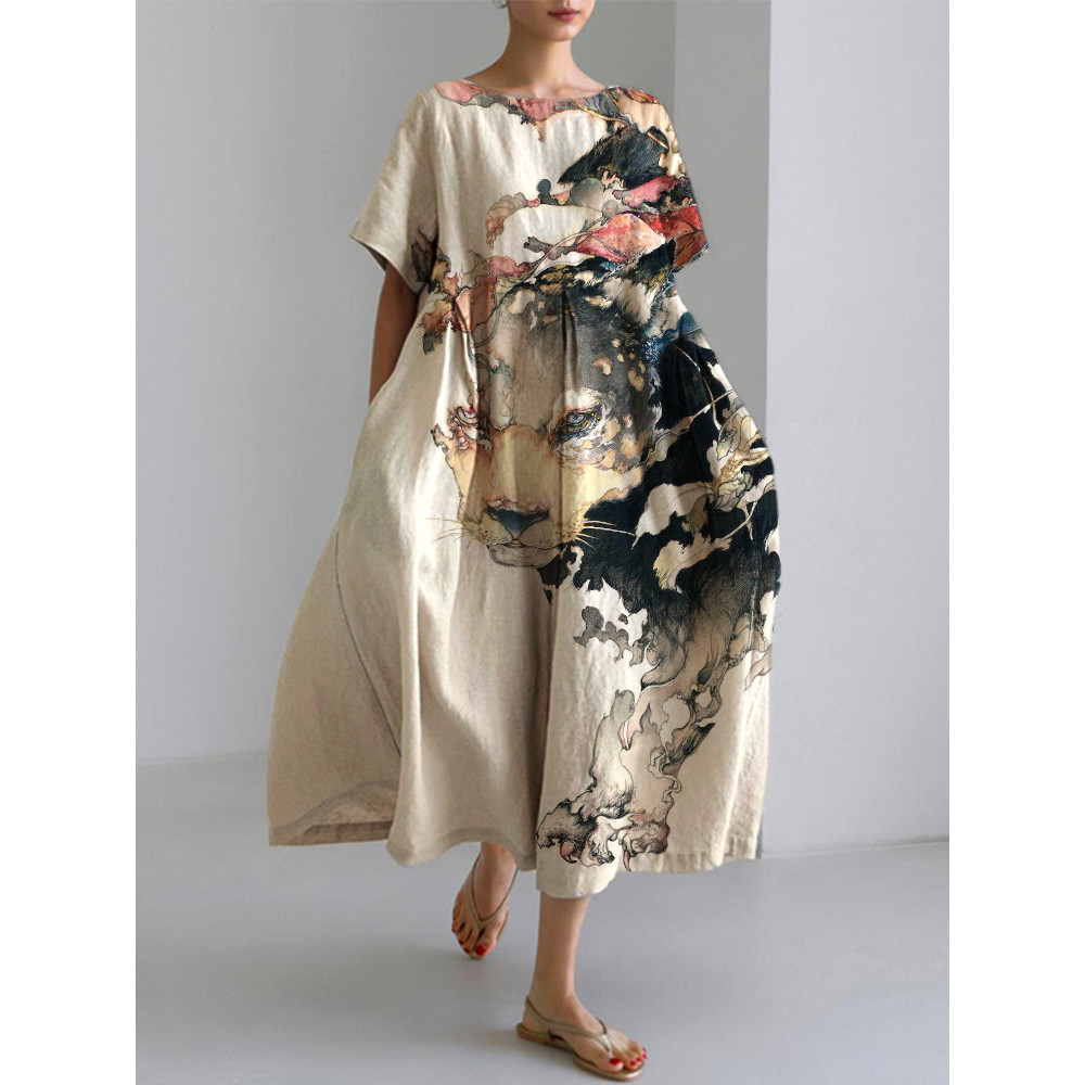 Japanese Art Cat Print Cotton Blend Dress