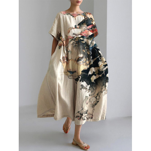 Japanese Art Cat Print Cotton Blend Dress