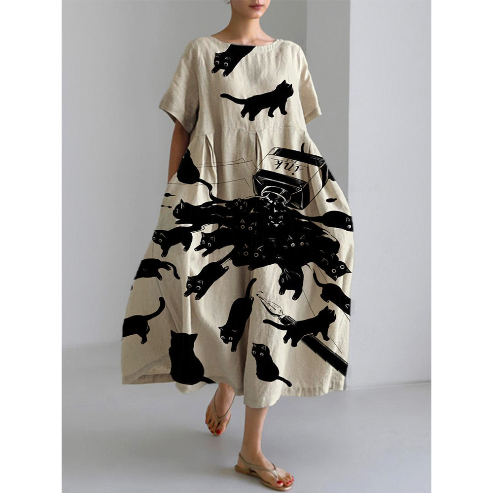 Japanese Art Cat Print Cotton Blend Dress