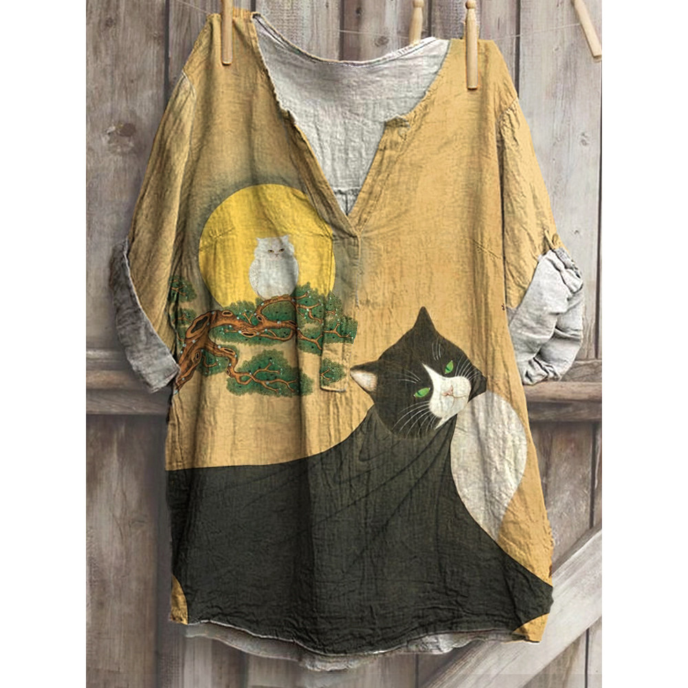 Japanese Art Cat Print Cotton Blend Shirt