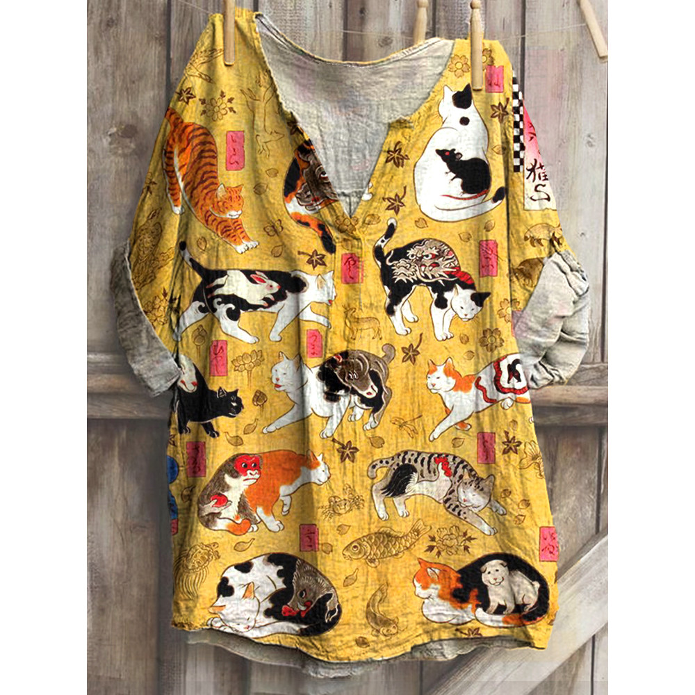 Japanese Art Cat Print Cotton Blend T-Shirt
