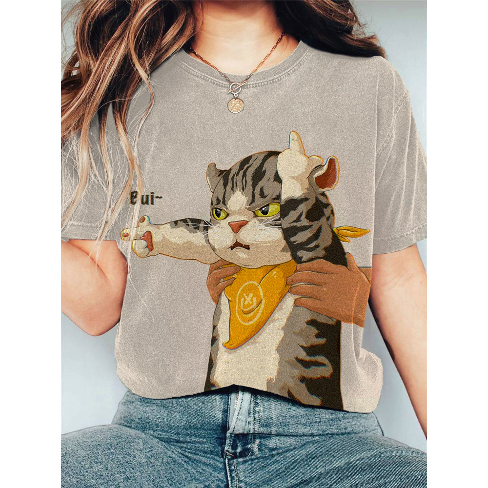 Japanese Art Cat Print Cotton Blend T-Shirt