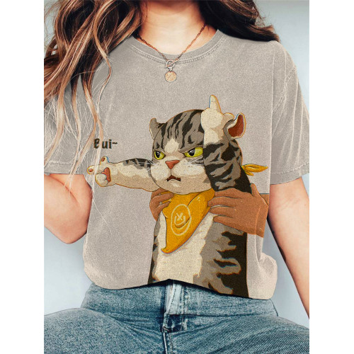 Japanese Art Cat Print Cotton Blend T-Shirt