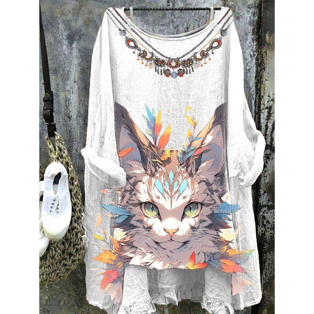 Japanese Art Cat Print Cotton Linen Long Sleeve Shirt