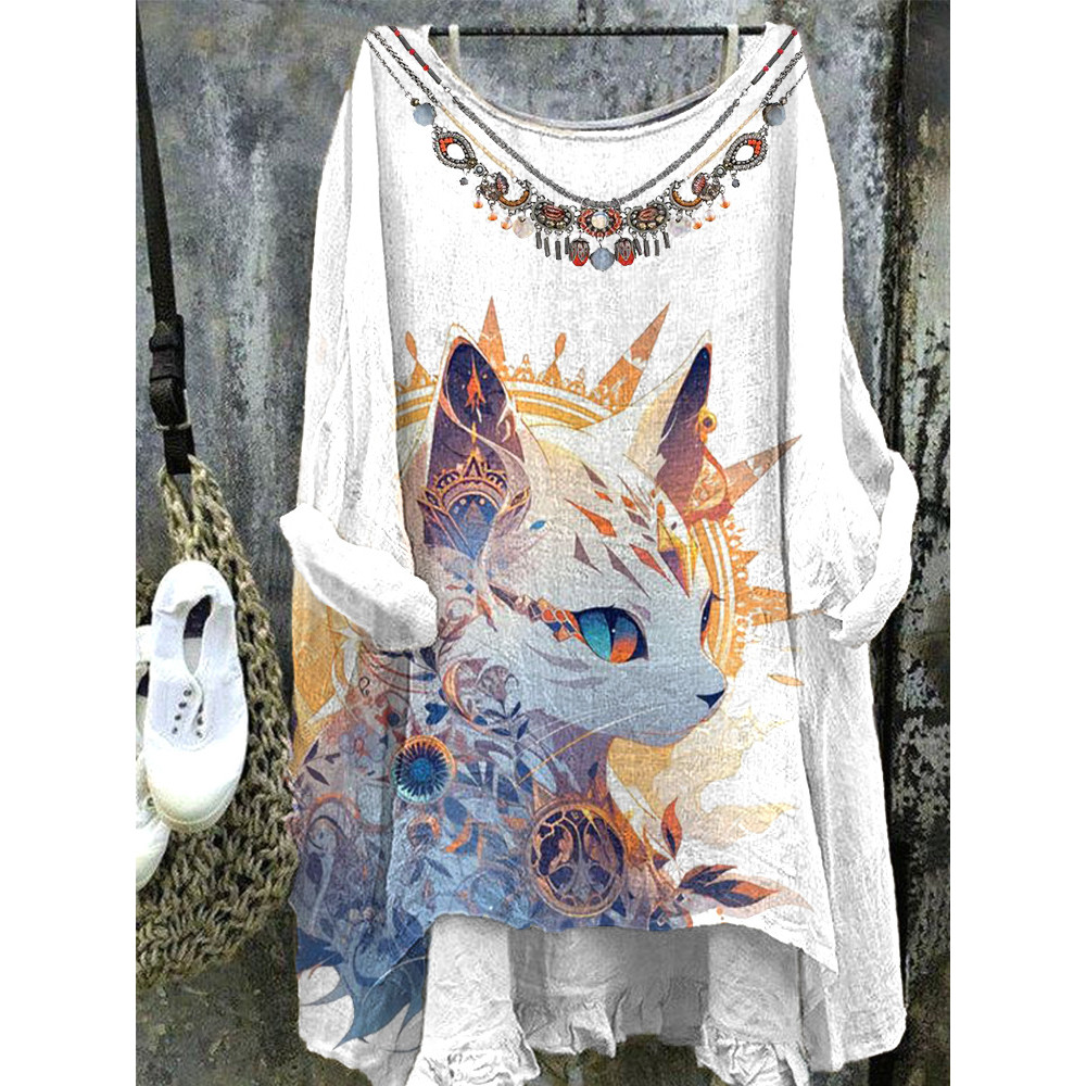 Japanese Art Cat Print Cotton Linen Long Sleeve Shirt