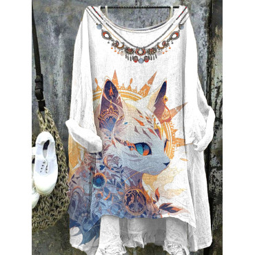 Japanese Art Cat Print Cotton Linen Long Sleeve Shirt