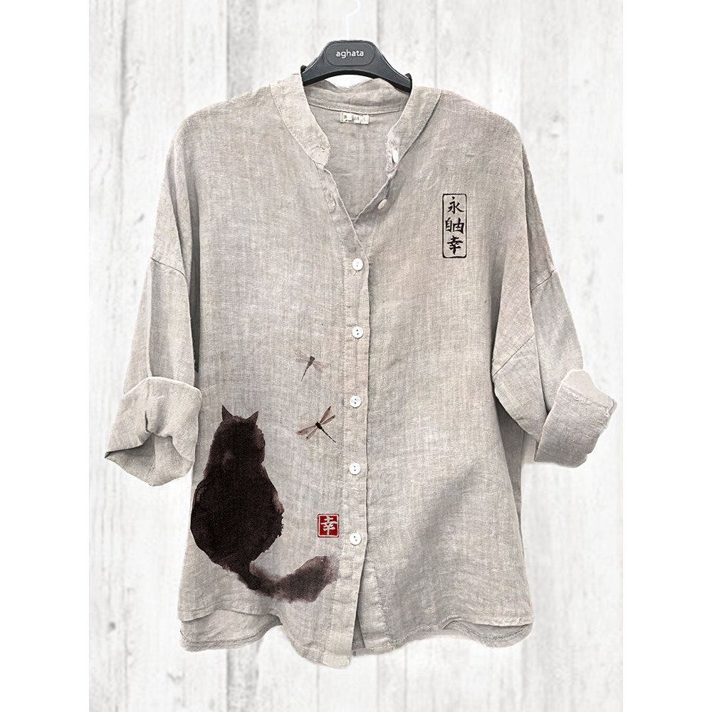 Japanese Art Cat Print Cozy Cotton Linen Shirt
