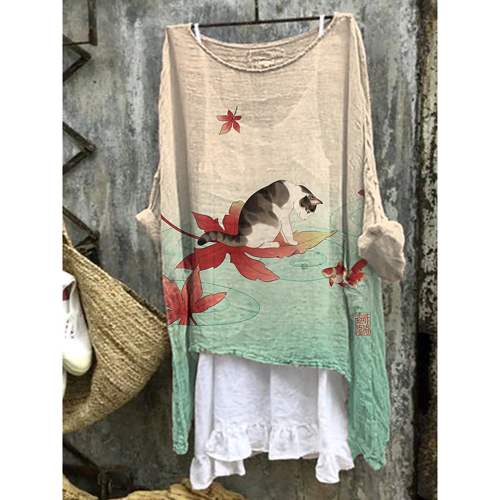 Japanese Art Cat Print Linen Blend Vintage Shirt