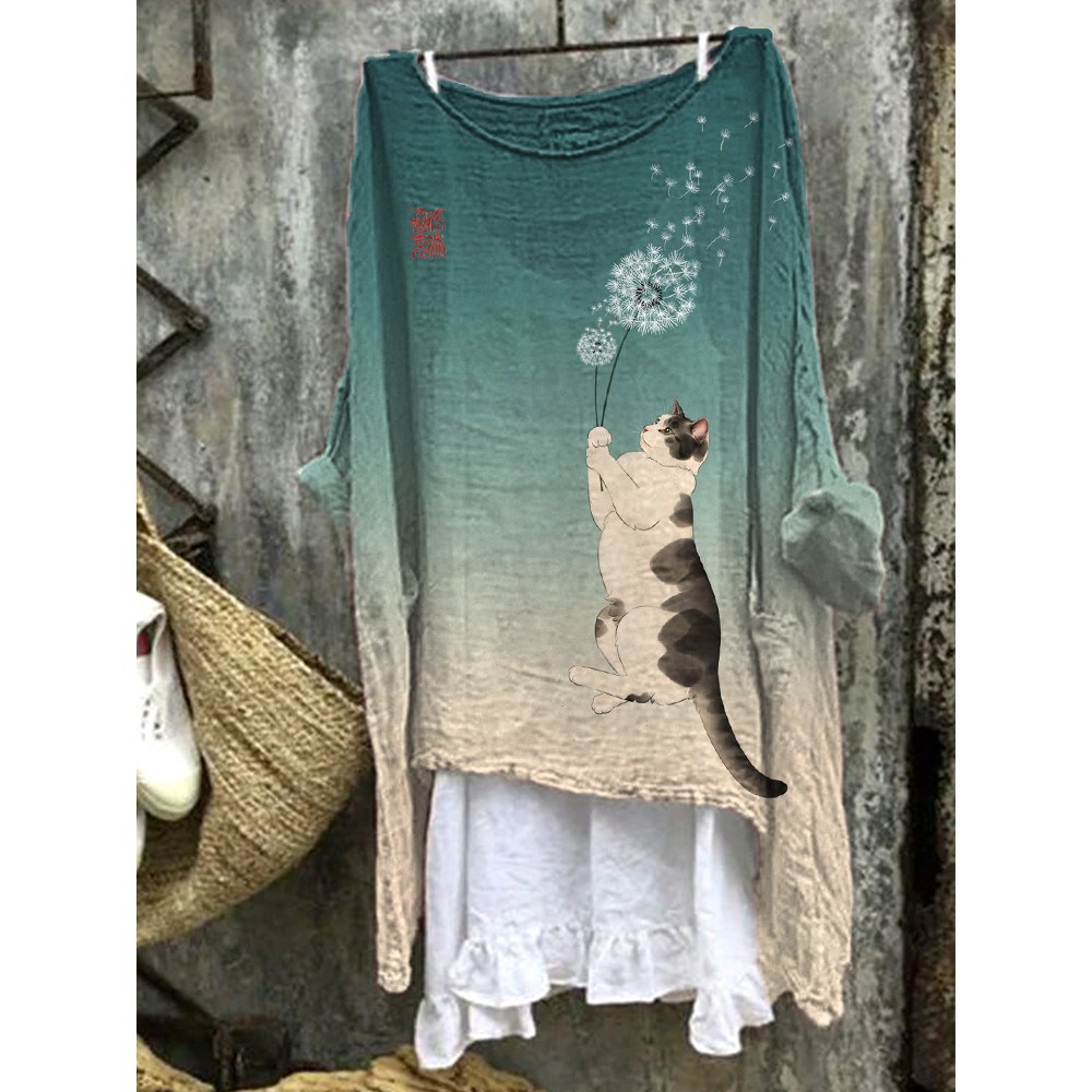 Japanese Art Cat Print Linen Blend Vintage Shirt