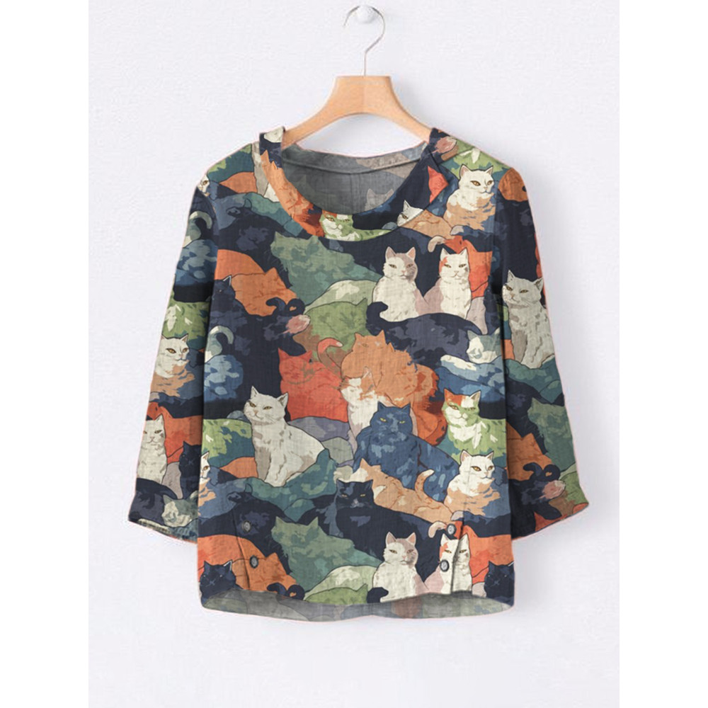 Japanese Art Cat Print Linen Fold Over Neck Loose Top