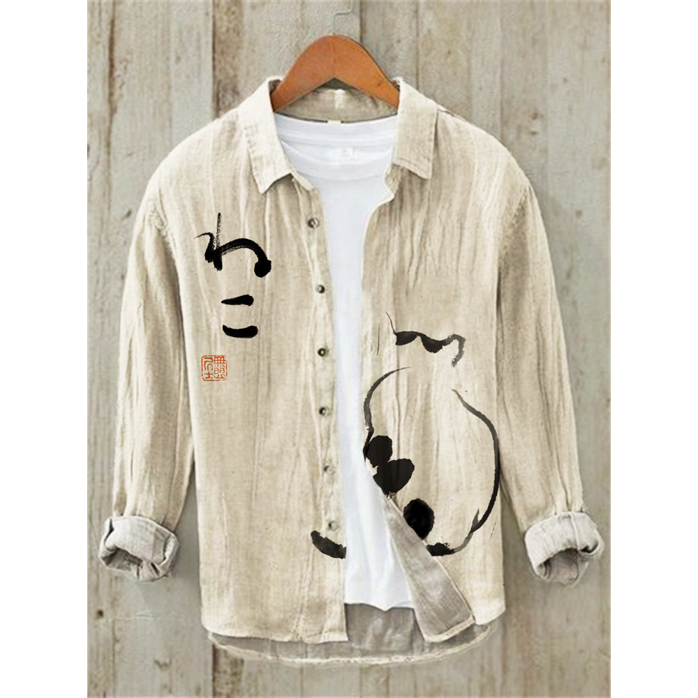 Japanese Art Cat Print Linen Long Sleeve Shirt