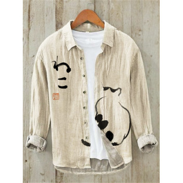 Japanese Art Cat Print Linen Long Sleeve Shirt