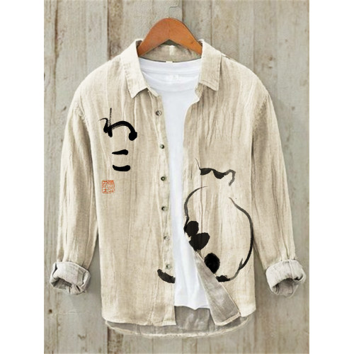 Japanese Art Cat Print Linen Long Sleeve Shirt