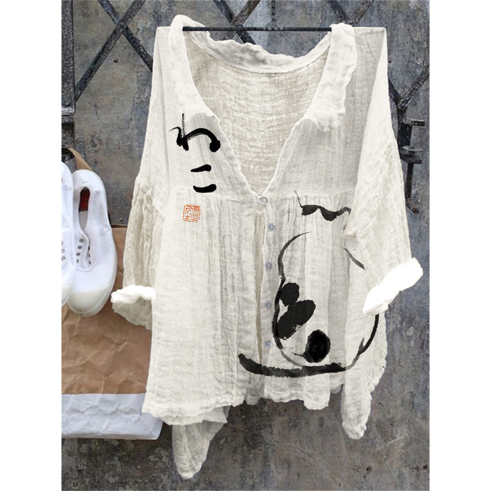 Japanese Art Cat Print Linen Loose Shirt