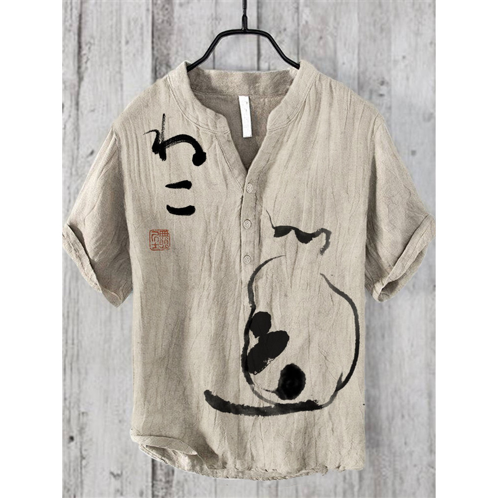 Japanese Art Cat Print Linen V-Neck Shirt