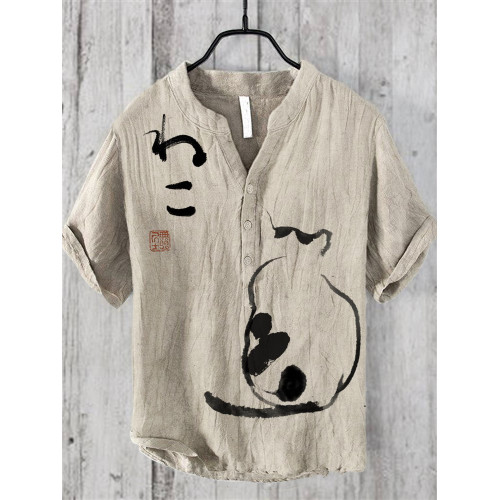 Japanese Art Cat Print Linen V-Neck Shirt