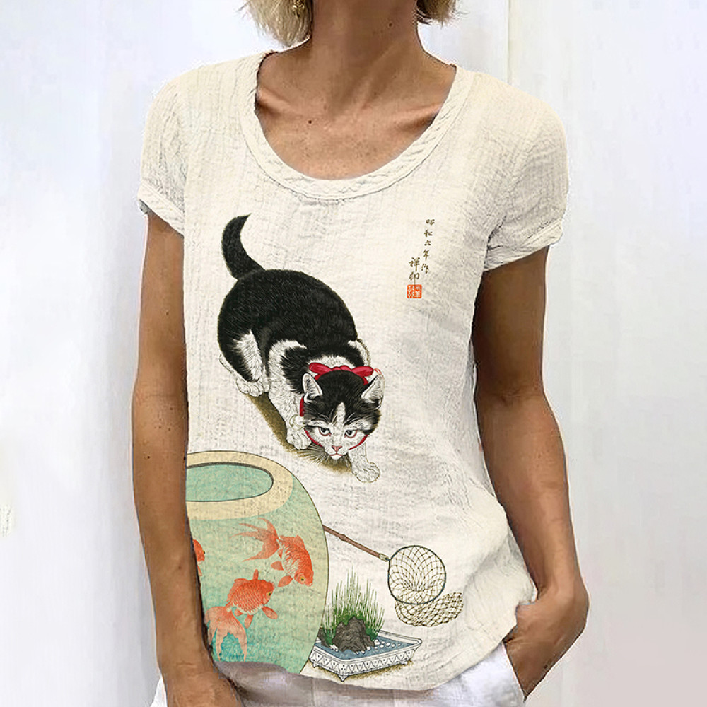Japanese Art Cat Print Round Neck Casual T-Shirt
