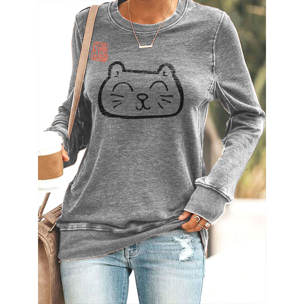 Japanese Art Cat Print Slim Casual Sweatshirt