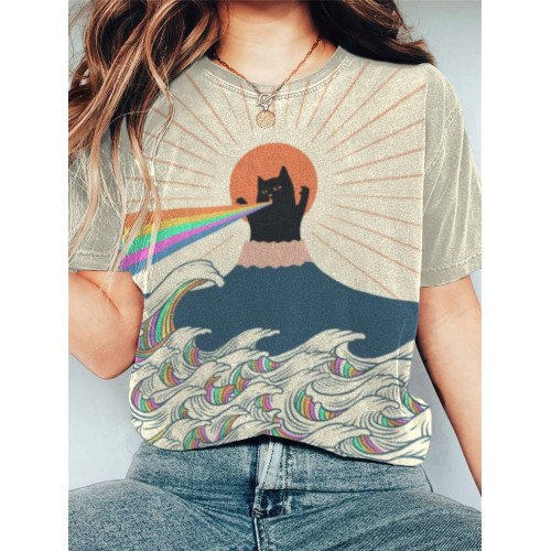 Japanese Art Cat Print T-shirt