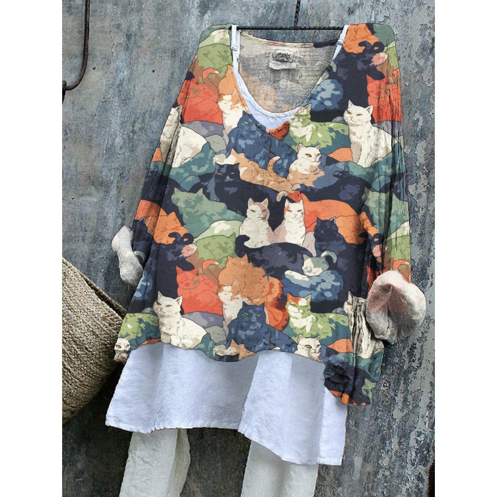 Japanese Art Cat Print V-Neck Loose Top