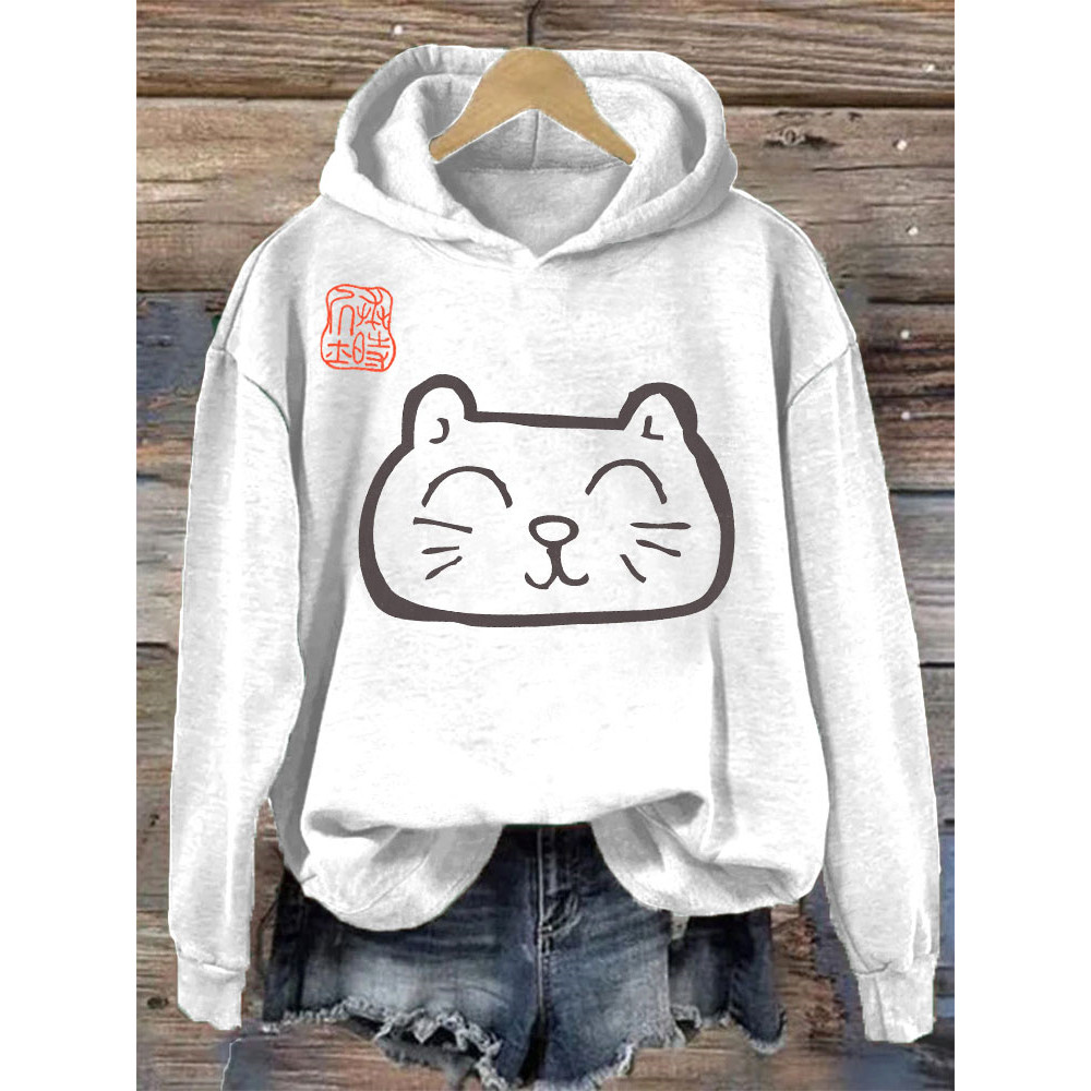 Japanese Art Cat Print Vintage Hoodie