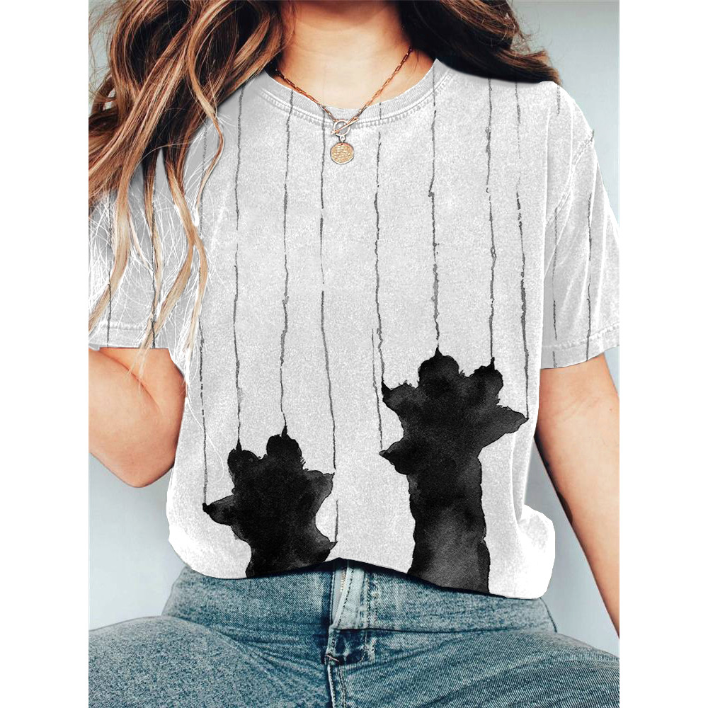 Japanese Art Cat Scratch Print Cotton Blend T-Shirt