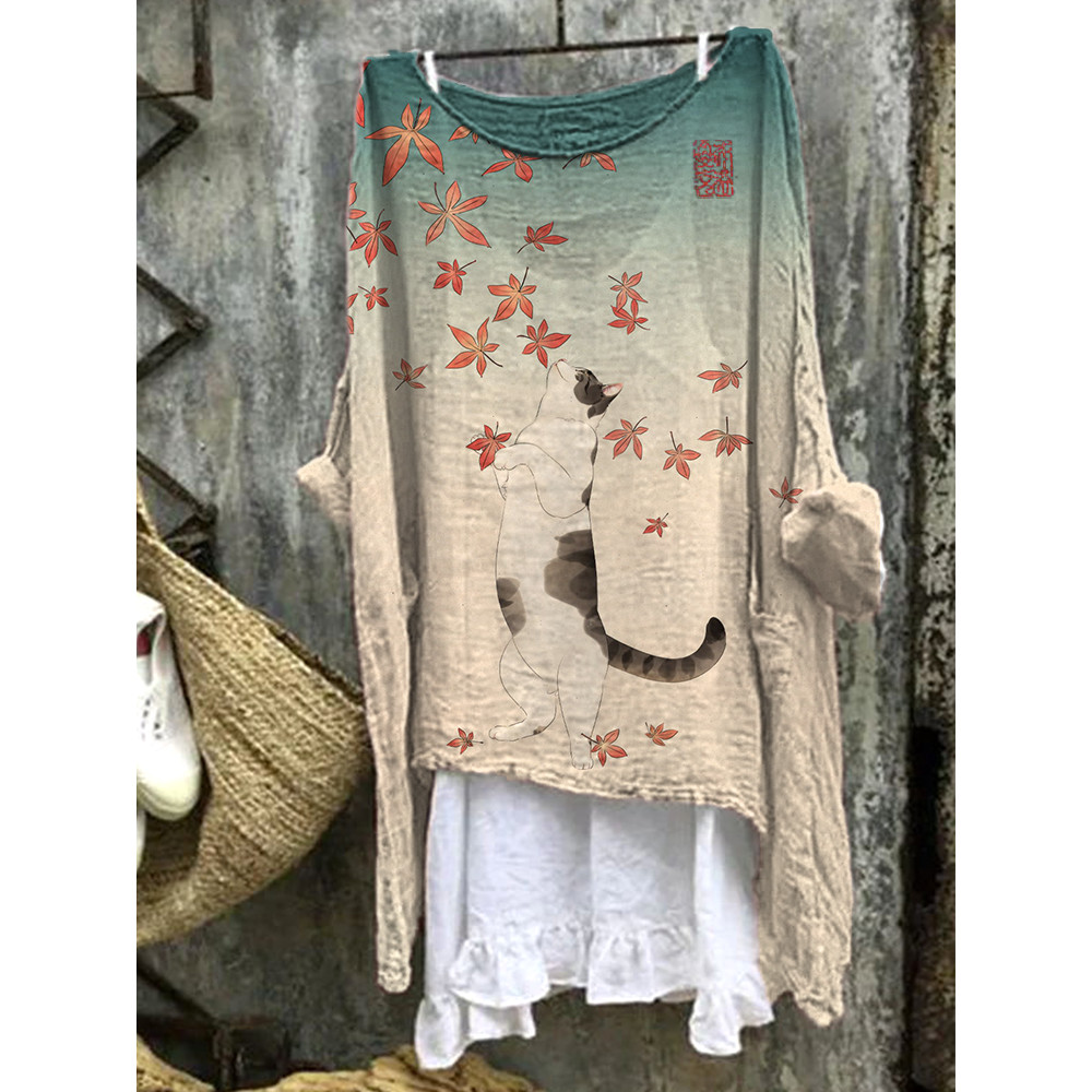 Japanese Art Cat & Leaves Pattern Linen Blend Shirt