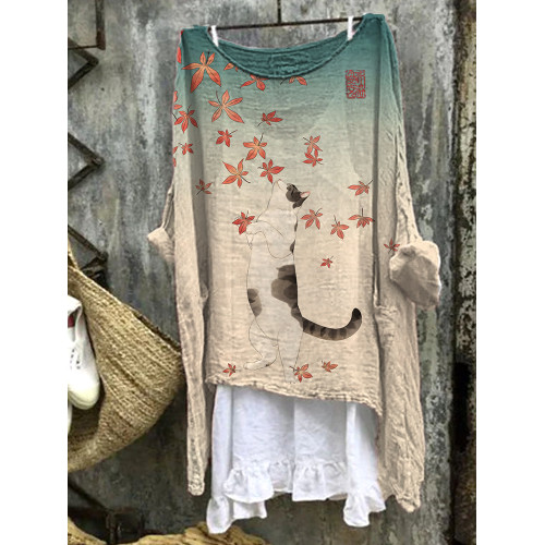 Japanese Art Cat & Leaves Pattern Linen Blend Shirt